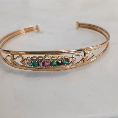 90 - Bangle 9ct Gold with Diamonds, Emeralds, Amethyst and Sapphire