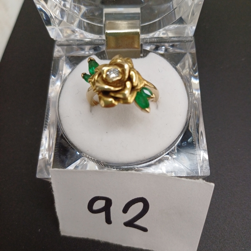 92 - Beautiful Diamond and Emerald Ring in the Shape of a Rose 14 ct Gold Size P