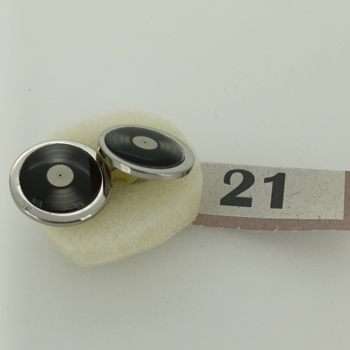 21 - Cuff Links. Silver Colour Metal.  Black insert which looks very much like a vinyl record.
- circa 19... 