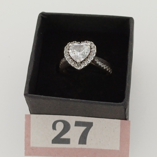 27 - Ladies Heart Shaped Silver Ring with White Stone inset and White Stone surround
Size M