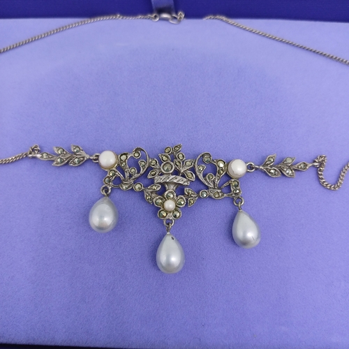 50 - 1960's  Marquisette Necklace with Simulated Pearls