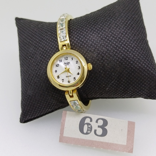 63 - Ladies Perini Watch. Gold Colour Metal with White Stones set in the Bracelet