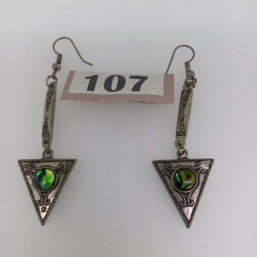 107 - A Pair of Eye Catching Silver Drop Earrings with a very Pretty  Green almost 'Cats Eye' effect stone