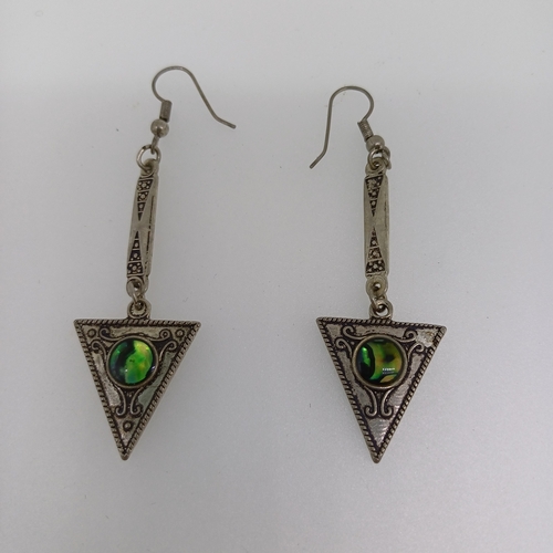 107 - A Pair of Eye Catching Silver Drop Earrings with a very Pretty  Green almost 'Cats Eye' effect stone