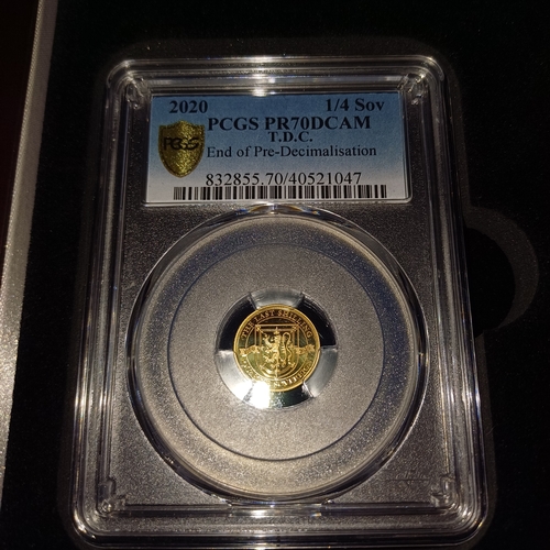 252 - 2020 Pre-decimal 50th Anniversary Gold Sovereign Delux Set.
- Coins 1/8, 1/4, 1/2 and Full
- 99 sets... 