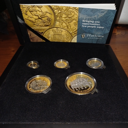 253 - Hattons of London Coin Set.  Boxed Beautiful.
- Coins £5, Double Sovereign, Sovereign, Half Sovereig... 