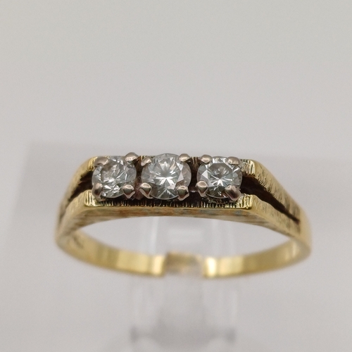 20 - An unusual Three Stone Diamond Ring
- 18ct yellow gold
- 60 points
- weight 3.9g
- size P / Q