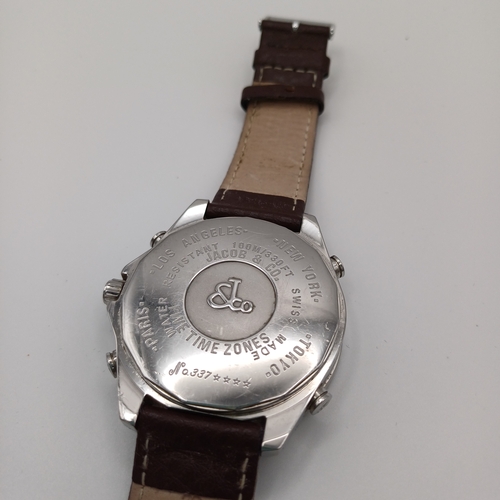 58 - Jacob & Company Gent's Five Time Zone Watch with Diamond Bezel with a brown leather strap.  Very eye... 