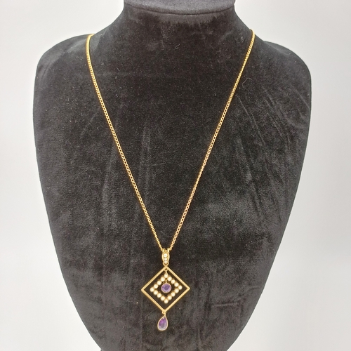 66 - A very pretty Victorian Amethyst and Sea Pearl Pendant in 15 ct Yellow Gold on a Gold Chain.