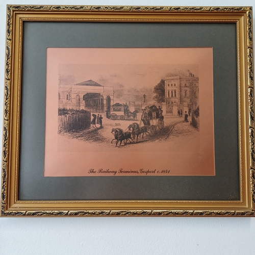 76 - Set out Four Copper Plate Prints of Gosport:
- Railway Terminus 1841
- Haslar Hospital and Bridge 18... 