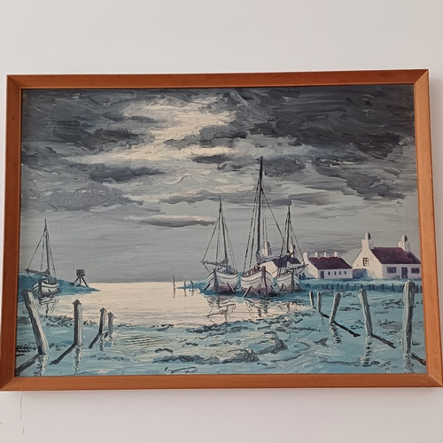 78 - Oil Painting by Curtis in February 1970 of a seascape/harbour