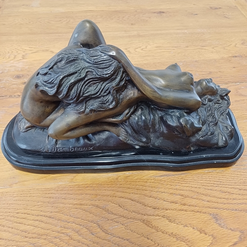 94 - A large version in hollow bronze of Lambeaux's Erotic Two Girl Lovers on a heavy marble black base.