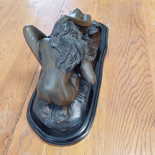 94 - A large version in hollow bronze of Lambeaux's Erotic Two Girl Lovers on a heavy marble black base.