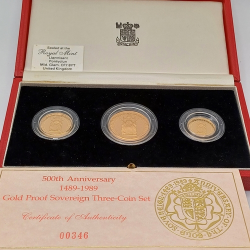 102 - 1489 - 1989 500th Anniversary Gold Proof Sovereign Three Coin Set. With Certificate in box.