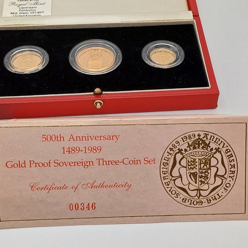 102 - 1489 - 1989 500th Anniversary Gold Proof Sovereign Three Coin Set. With Certificate in box.