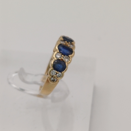 14 - Beautiful Sapphire and Diamond Ring.
- 3 x Sapphires
- 10 x Diamonds
- 14ct yellow gold
- size H
- w... 