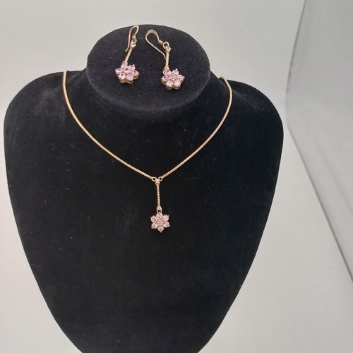 54 - Pretty Flower Design Pendant (with chain) and drop earrings with pink stones