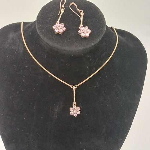 54 - Pretty Flower Design Pendant (with chain) and drop earrings with pink stones