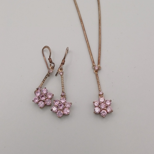 54 - Pretty Flower Design Pendant (with chain) and drop earrings with pink stones