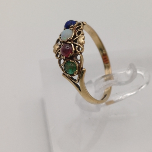 88 - Here we have a 'Multi Gem Love Ring', (Opal, Garnet, Chrysoprase.
- weight 1.54g
- size N / O
- 9ct ... 