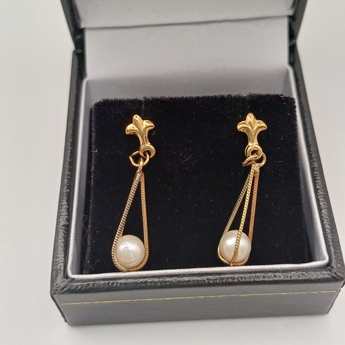 94 - Drop Natural Pearl Earrings with the Pearl caged in.  The cage is in three colour metal