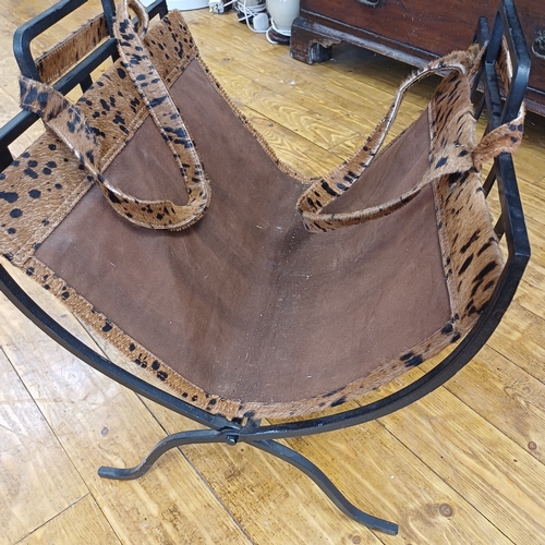 20 - This is a really lovely Antique Log Basket in wrought iron with leather/skin liner.