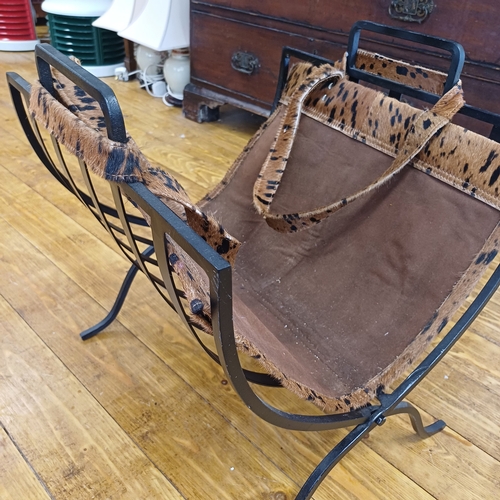 20 - This is a really lovely Antique Log Basket in wrought iron with leather/skin liner.