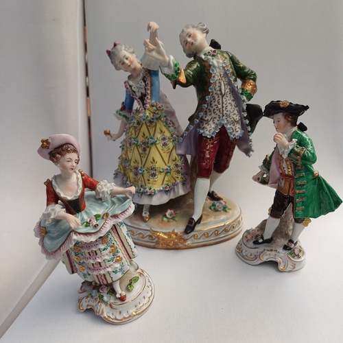 42 - Three Antique Sitzendorf Porcelain Germany Figures:
1.  Dancing Lady and Gentleman
2.  Lady
3.  Gent... 