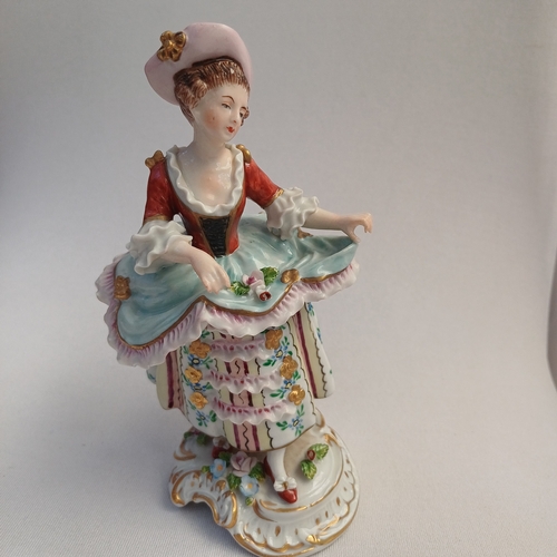 42 - Three Antique Sitzendorf Porcelain Germany Figures:
1.  Dancing Lady and Gentleman
2.  Lady
3.  Gent... 