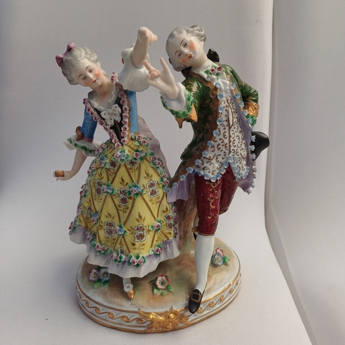 42 - Three Antique Sitzendorf Porcelain Germany Figures:
1.  Dancing Lady and Gentleman
2.  Lady
3.  Gent... 