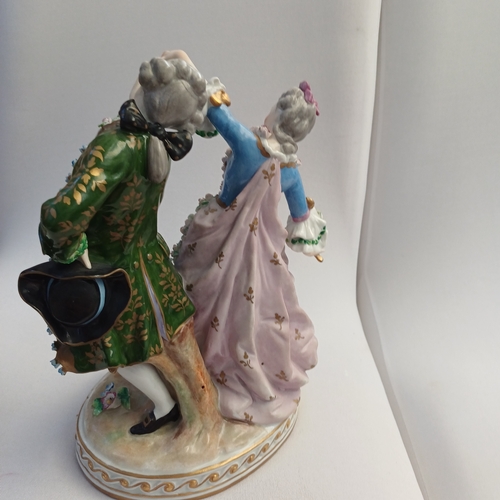 42 - Three Antique Sitzendorf Porcelain Germany Figures:
1.  Dancing Lady and Gentleman
2.  Lady
3.  Gent... 