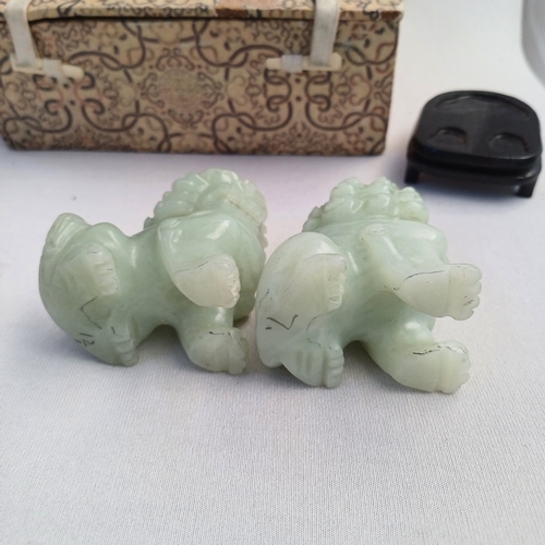 44 - Chinese Hand Carved Jade Lions with wooden stands which comes with their travel box which itself has... 