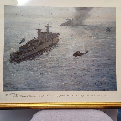 62 - Signed Print of H M S Broadsword going to assist H M S Coventry during the 1982 Falklands War