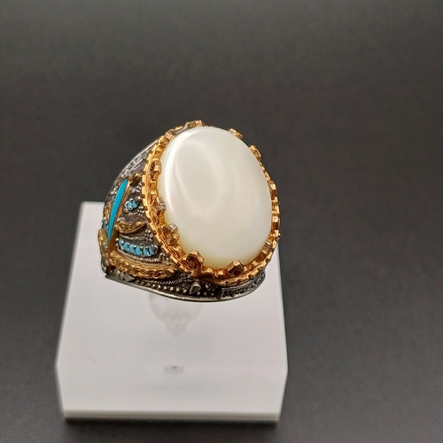 14 - Graduation Style Ottoman Gent's Ring set with Pearl and Turquoise.  Stunning.
- 925 silver
- size Z ... 