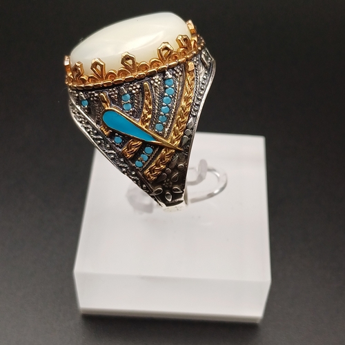 14 - Graduation Style Ottoman Gent's Ring set with Pearl and Turquoise.  Stunning.
- 925 silver
- size Z ... 