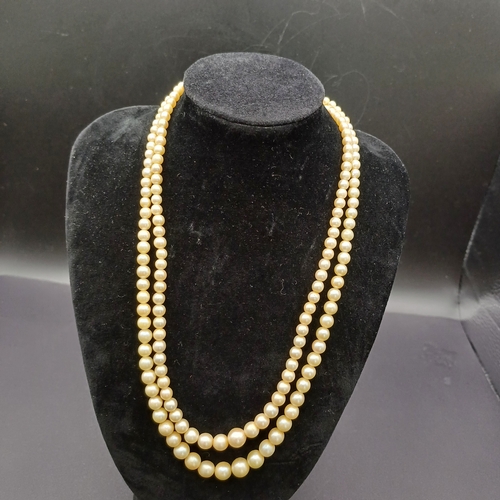 56 - Antique Two Strand Cultured Pearls with a 9 ct clasp, which hangs 8 inches from the clasp.
- 28.3 g
... 