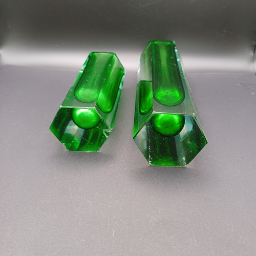 40 - Two Murano Glass Vases in square design in a very vibrant green