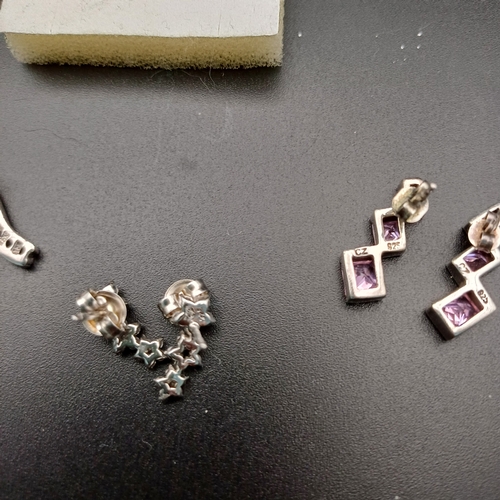 73 - Three pairs of 925 Silver Earrings:
1 x Pink Stone (possibly CZ)
2 x White Stone