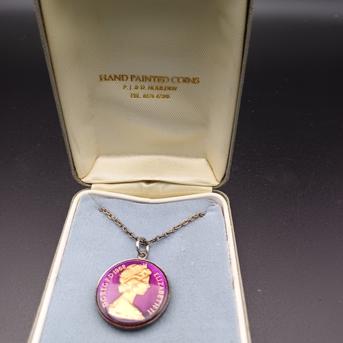 80 - Hand Painted / Enamel 1968 New Five Pence Coin Pendant with a chain.  Really lovely item