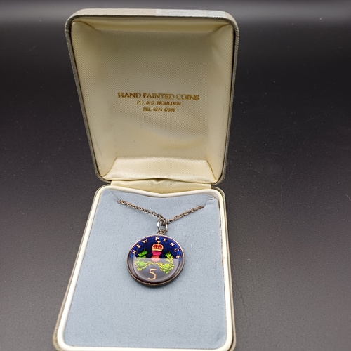 80 - Hand Painted / Enamel 1968 New Five Pence Coin Pendant with a chain.  Really lovely item