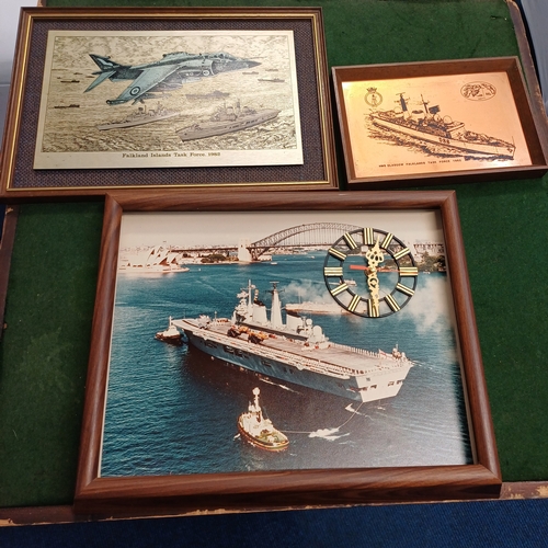 90 - Here we have collection of Naval items:
1. Copper print of HMS Glasgow in 1982 in the Falklands
2. E... 