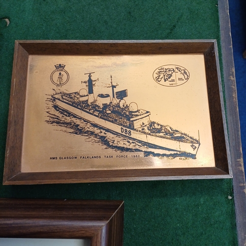 90 - Here we have collection of Naval items:
1. Copper print of HMS Glasgow in 1982 in the Falklands
2. E... 