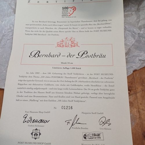 243 - Steiff Bernbard-der Postbrau Bear, he is absolutely lovely in his original box and has his Certifica... 