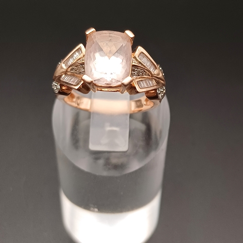 106 - Rose Quartz and Diamond Ring with both brilliant and baguette cut diamonds.  All set in 14 ct Rose G... 