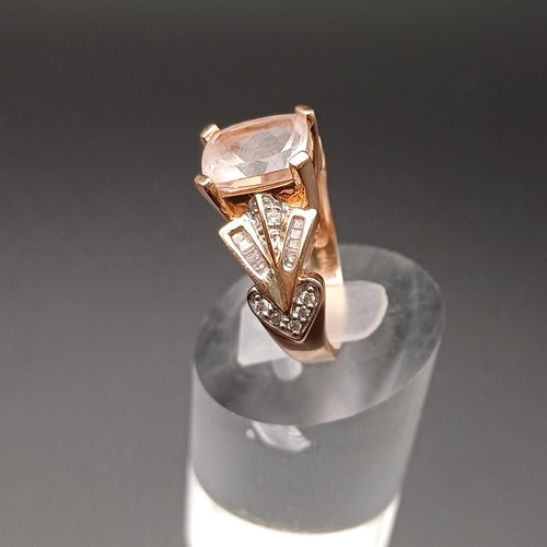 106 - Rose Quartz and Diamond Ring with both brilliant and baguette cut diamonds.  All set in 14 ct Rose G... 