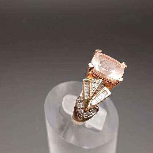 106 - Rose Quartz and Diamond Ring with both brilliant and baguette cut diamonds.  All set in 14 ct Rose G... 