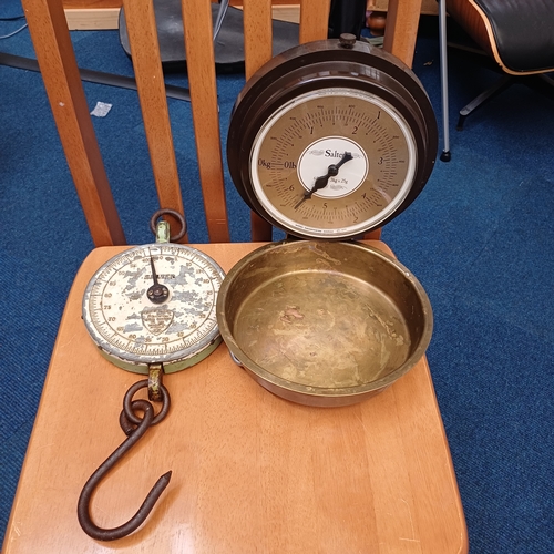 72 - Vintage Salter Scales:
 One being the good old bag hanging scale version and the other a wall mounte... 