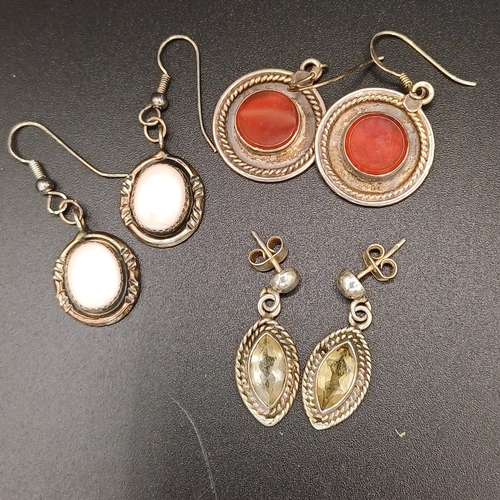 52 - Three Pairs of Drop Earrings with stones set in each - Carnelian, Citrine and Mother of Pearl
Total ... 