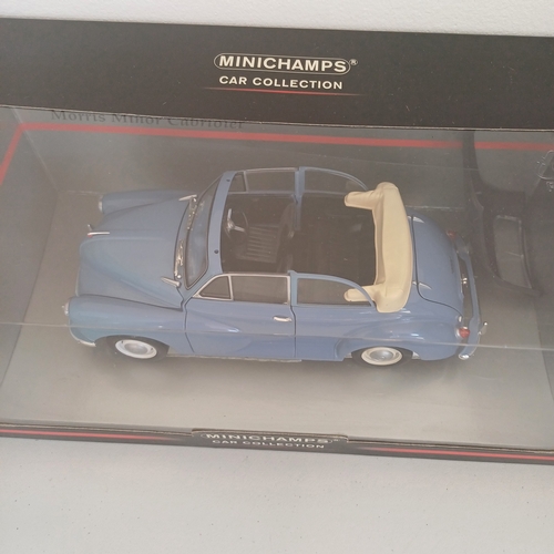 52 - Scale Model Cars:
Ford Capri x 2; Morris Minor Traveller; Morris Minor;  Morris Minor Cabriolet;  Ja... 