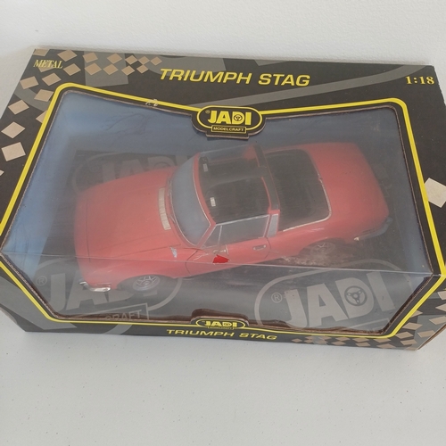 55 - Collection of Five Boxed Scale Model Cars: Triumph TR4 and Stag; Mini x 2; Jaguar E Cabriolet 1961